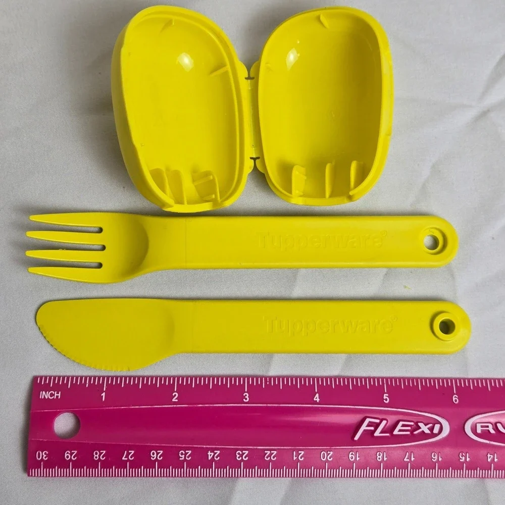 Tupperware On The Go Cutlery Set Plastic Fork Knife Carrying Case Yellow 7323A-3